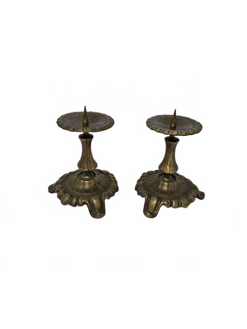 Vintage German Gold Tone Pricket Candlesticks Ornate Pair